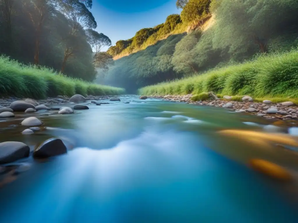 Avanzada tecnología sostenible filtrando microplásticos en arroyo, rodeada de exuberante naturaleza