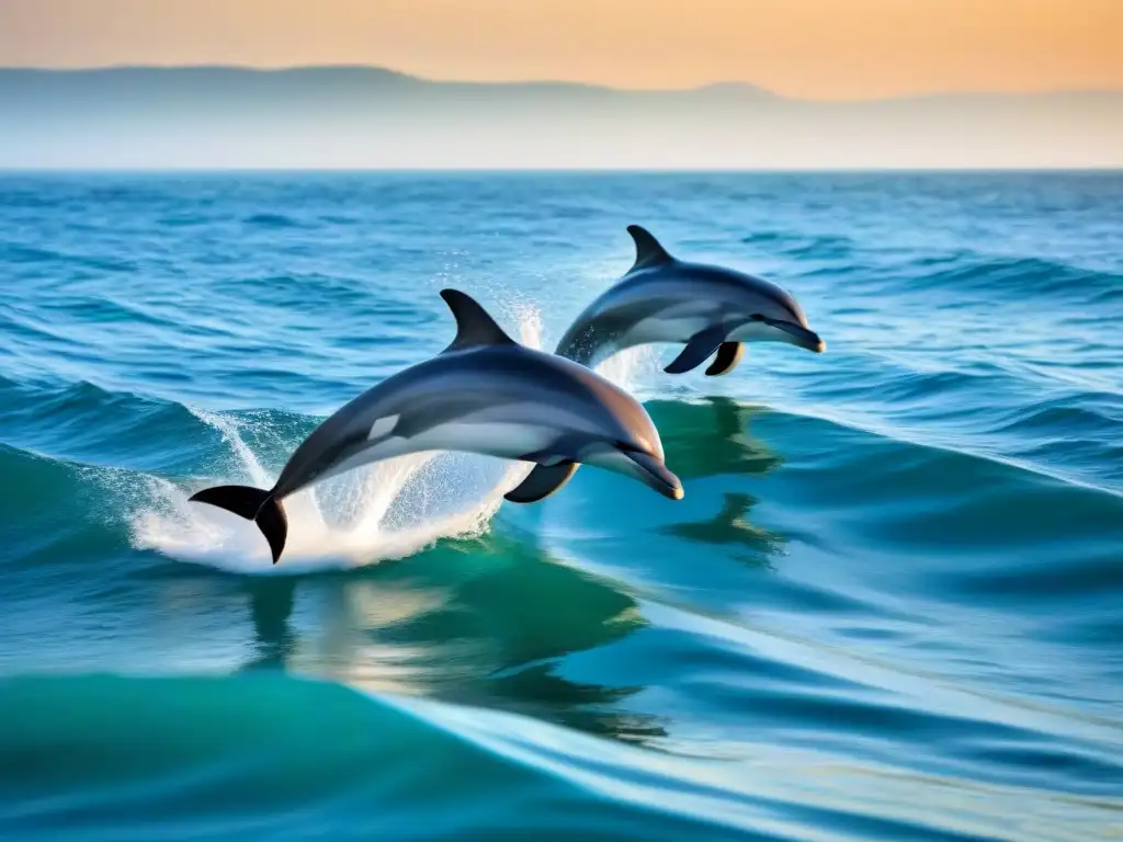 Avistamiento ballenas delfines sostenible: Manada de delfines surcando el mar al amanecer, bajo una suave luz pastel