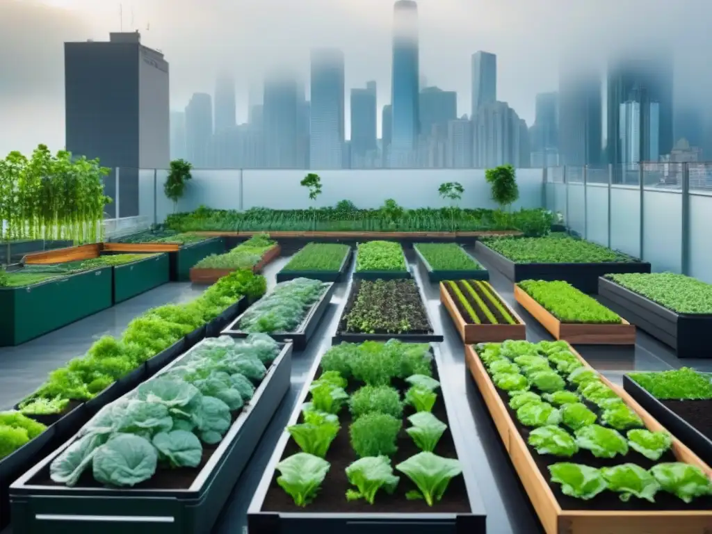 Un jardín en la azotea de una ciudad bulliciosa, con camas de vegetales verdes, compostaje y sistema de recolección de agua de lluvia