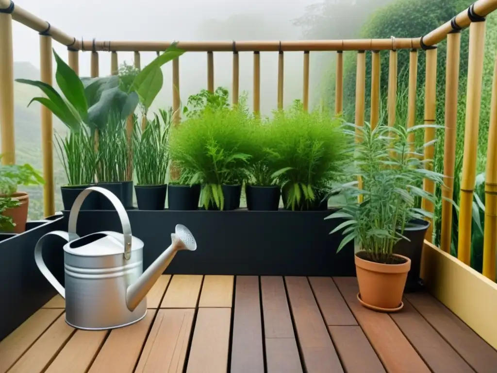 Un balcón elegante con jardinería zero waste en casa: plantas verdes en macetas sostenibles, vallas de bambú y luz suave