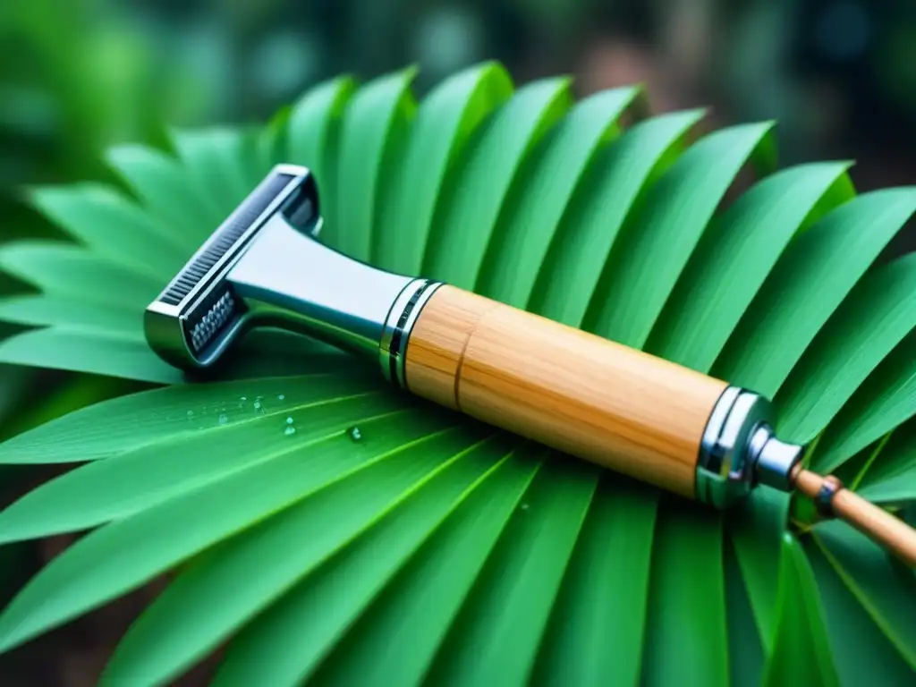 Razor ecológica de bambú sobre hojas verdes brillantes con gotas de agua, beneficios productos afeitado ecológicos