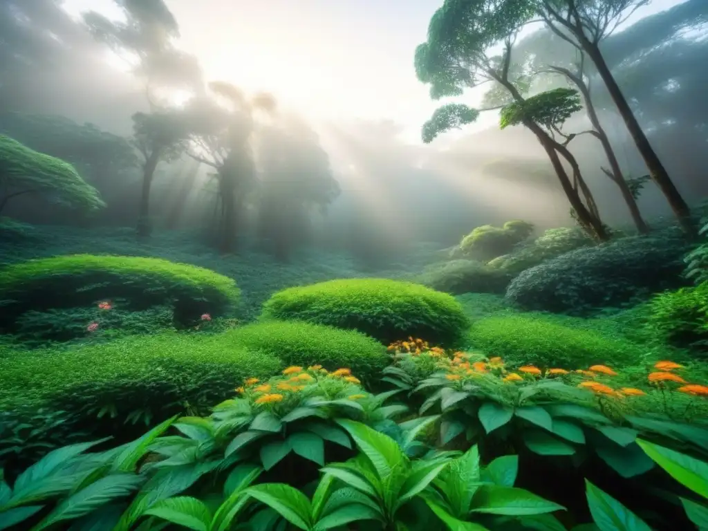 Banda comprometida con medio ambiente: Bosque vibrante con diversa flora, fauna y luz solar filtrándose entre árboles