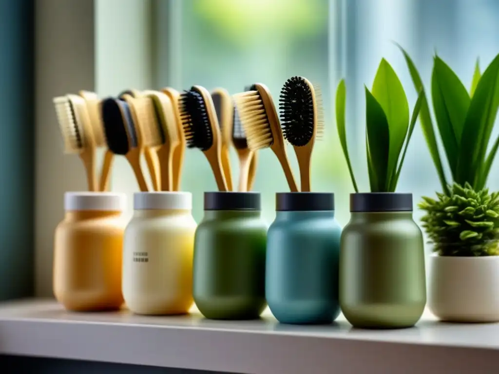 Un rincón eco en el baño: cepillos de dientes bambú sostenibles iluminados por luz natural