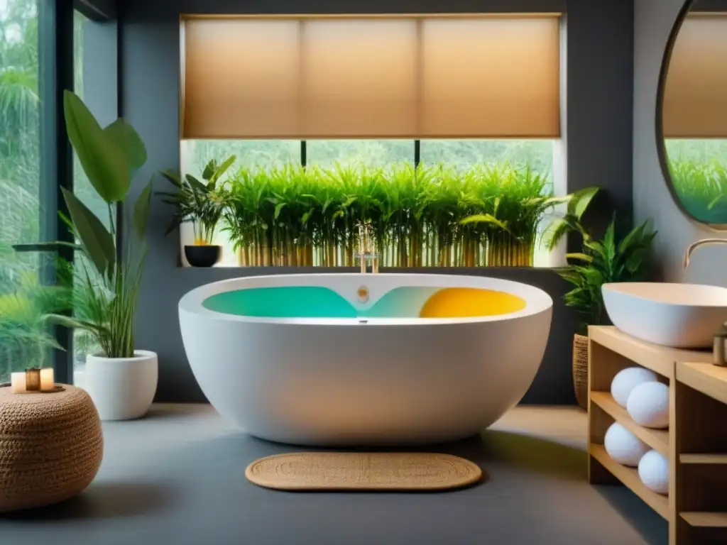 Un baño ecofriendly con bañera llena de bombas de baño coloridas, plantas verdes y accesorios de bambú