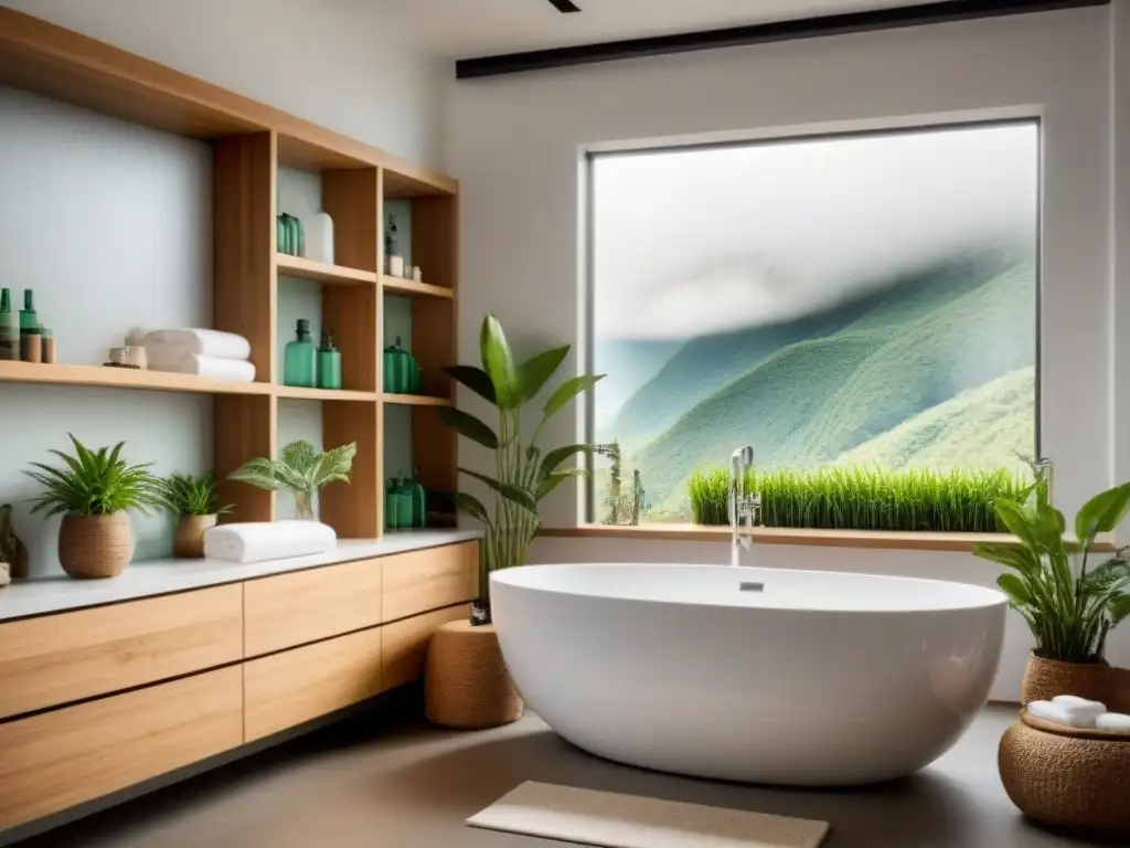 Baño eco-friendly con elementos modernos de bambú y vidrio reciclado