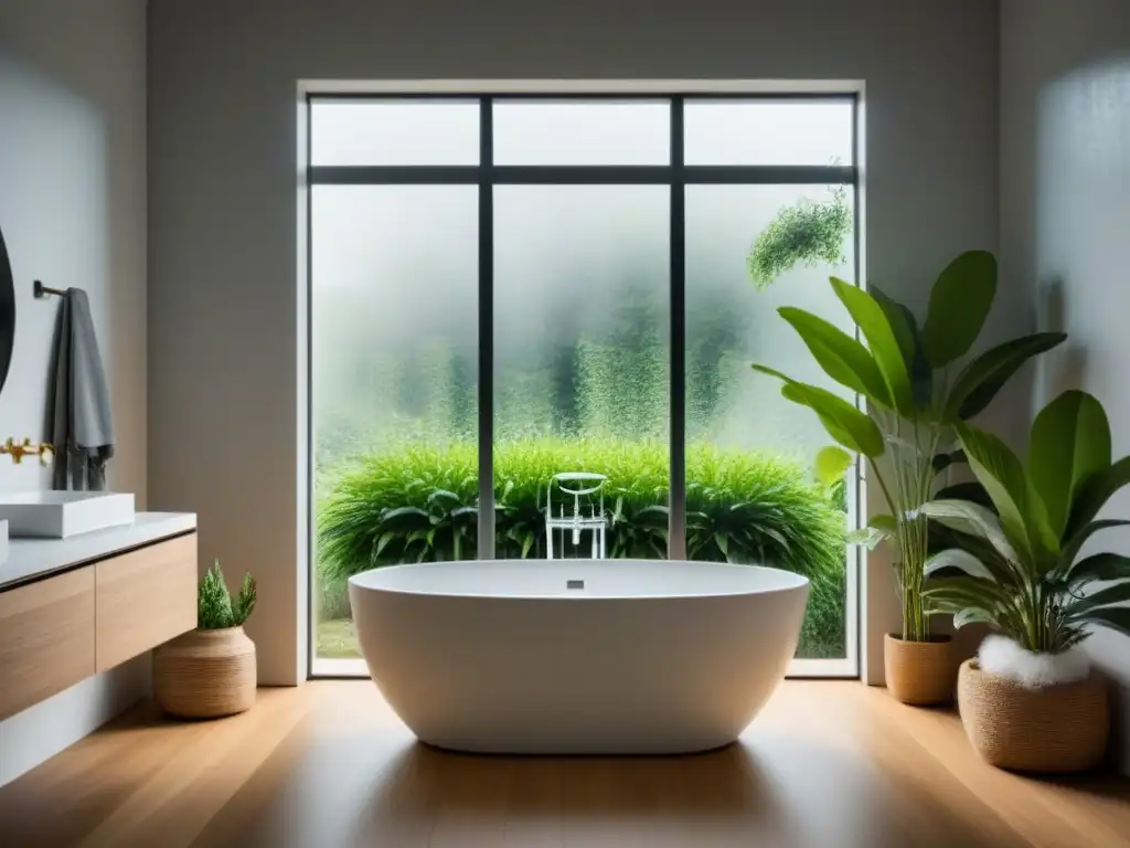 Baño sereno con bañera moderna de materiales sostenibles rodeada de plantas verdes, luz natural y ventana grande