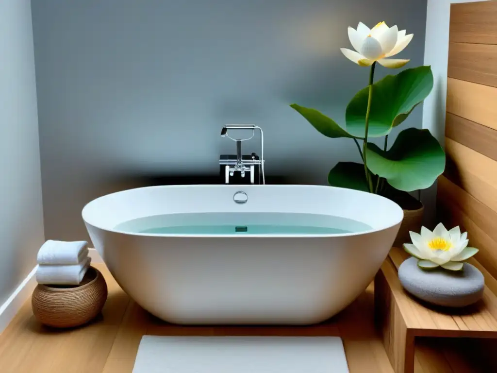 Baño sereno con diseño moderno y reducción residuos baño estilo sostenible, lotus blanco flotando en bañera blanca llena de agua