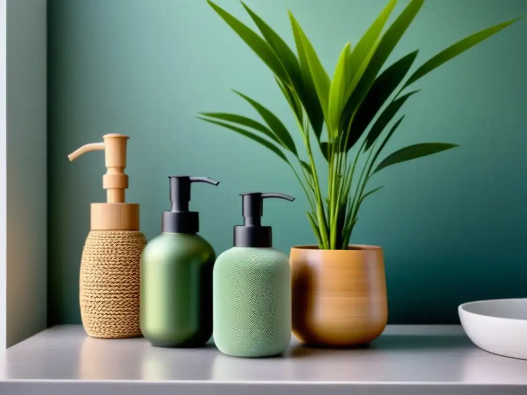 Un baño sereno y sostenible con productos recargables y plantas, inspirando beneficios zero waste estilo vida