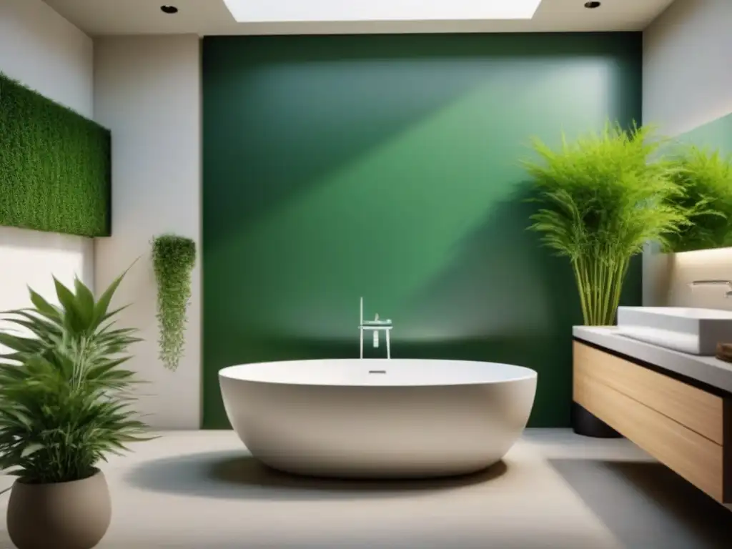 Baño sostenible con accesorios de bambú, grifo de acero inoxidable y plantas verdes