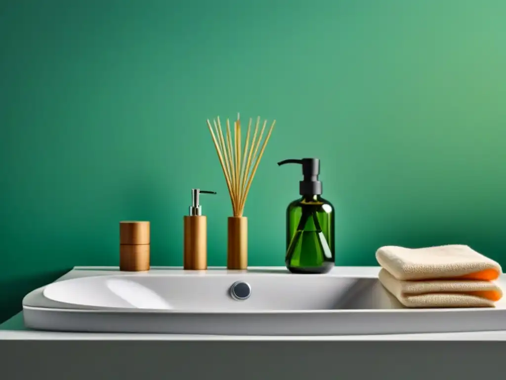 Un baño sostenible con productos ecofriendly como cepillos de bambú, dispensadores de jabón recargables y cabezales de ducha de bajo flujo