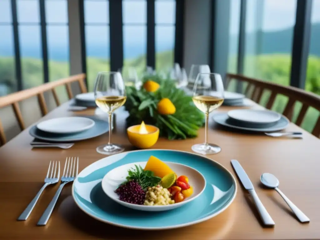 Un banquete sostenible en un lujoso restaurante, resaltando la elegancia y la innovación en la mesa