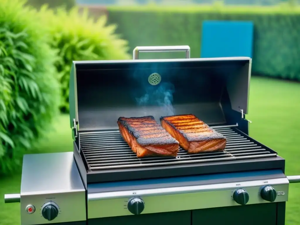 Una barbacoa sostenible sin desperdicios, en un entorno de verdor y cielo azul, destaca por su diseño minimalista y eficiencia