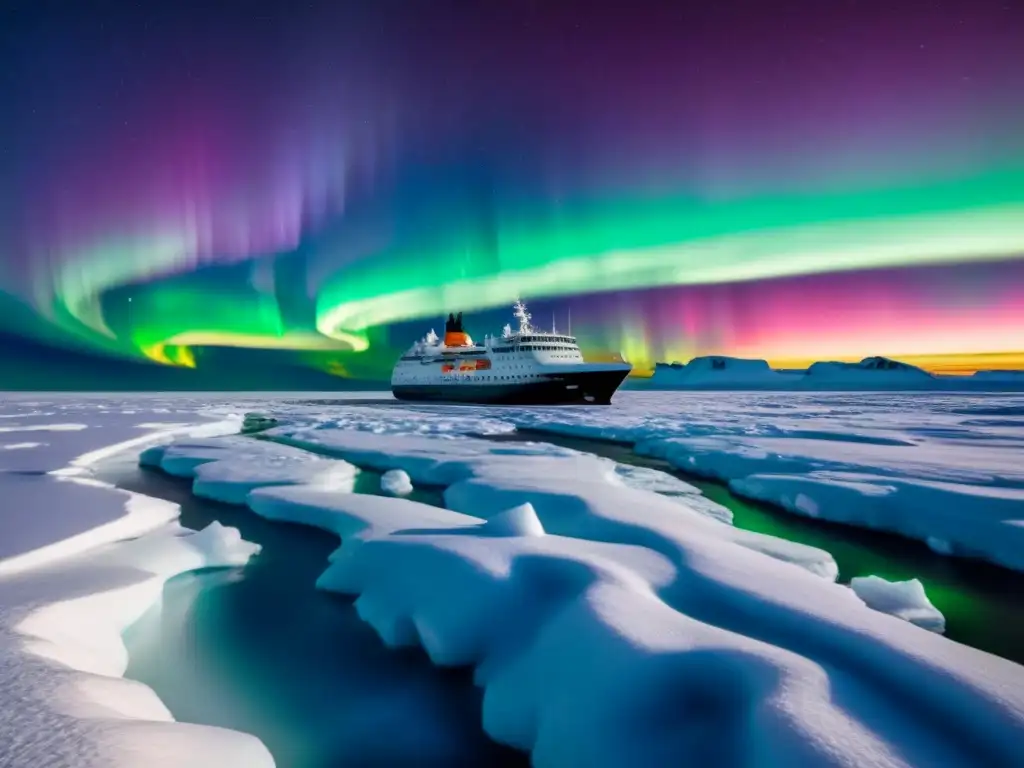 Un barco de expediciones responsables al Polo Norte navega entre paisajes nevados bajo la aurora boreal