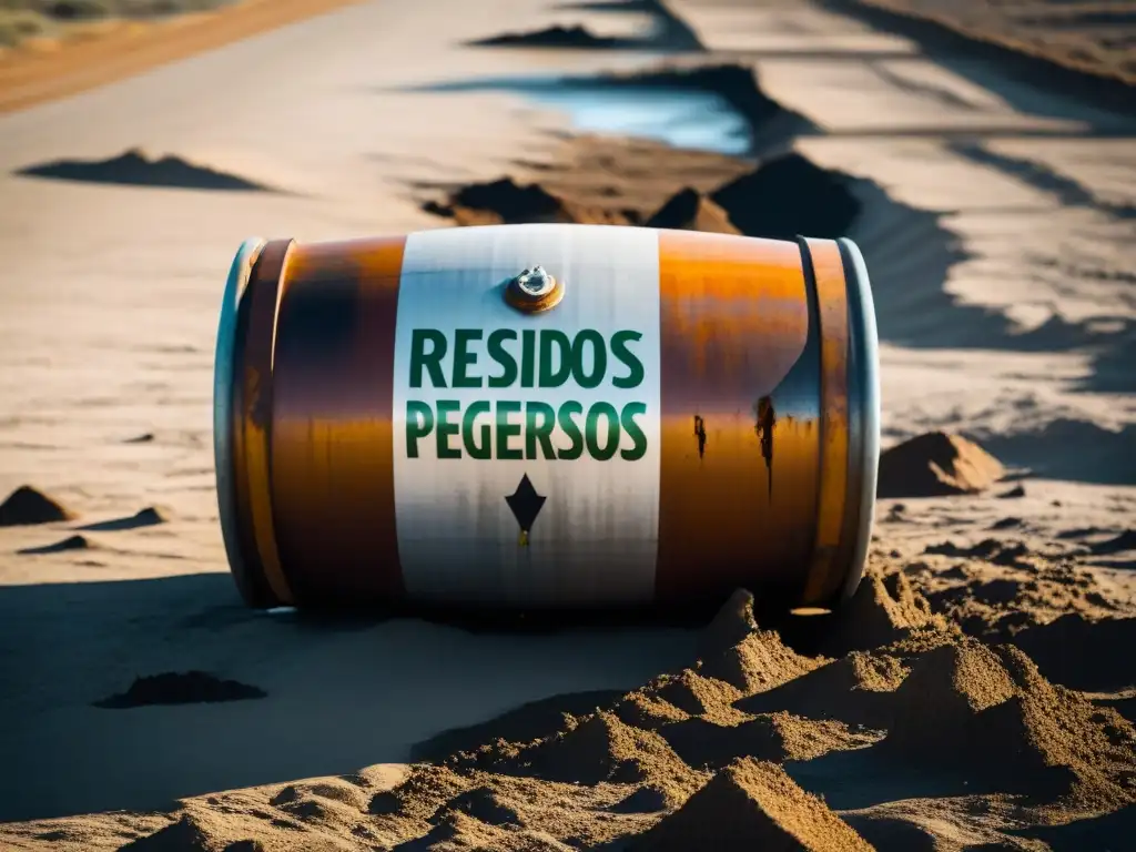 Un barril oxidado y goteante de 'Residuos Peligrosos' en tierra agrietada, simbolizando el impacto del movimiento transfronterizo de residuos peligrosos