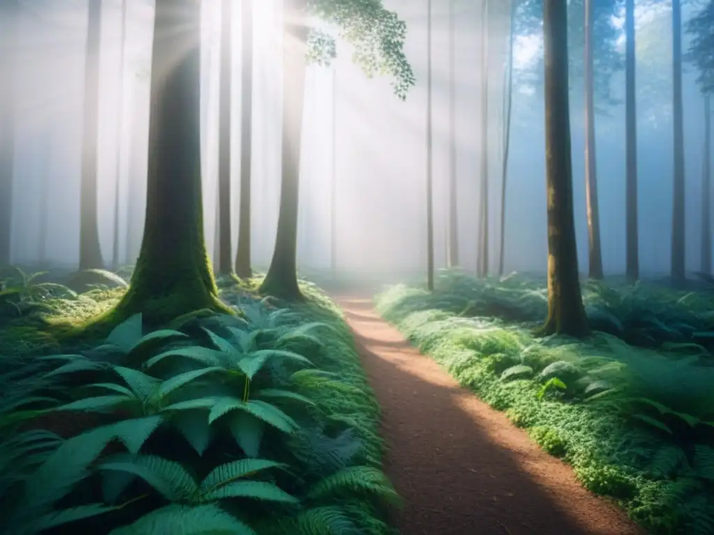 Descubre la belleza de un bosque verde con luz filtrada entre los árboles