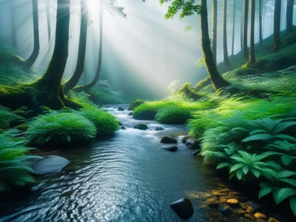 Belleza natural en un bosque intocado, con árboles altos, vegetación exuberante y un arroyo cristalino