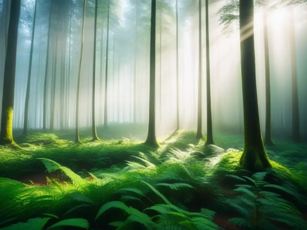 Belleza natural en un frondoso bosque verde, con la luz solar filtrándose entre el dosel