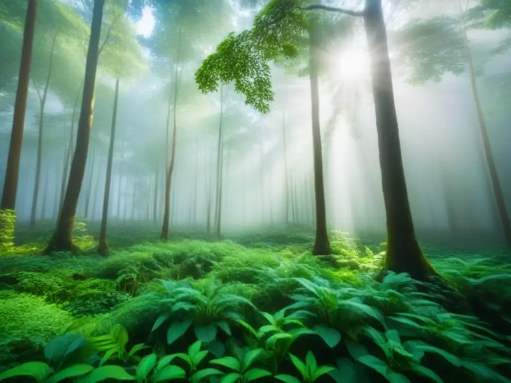 Belleza sostenible en un bosque verde con luz solar filtrándose entre el dosel, invitando a conectar con la naturaleza