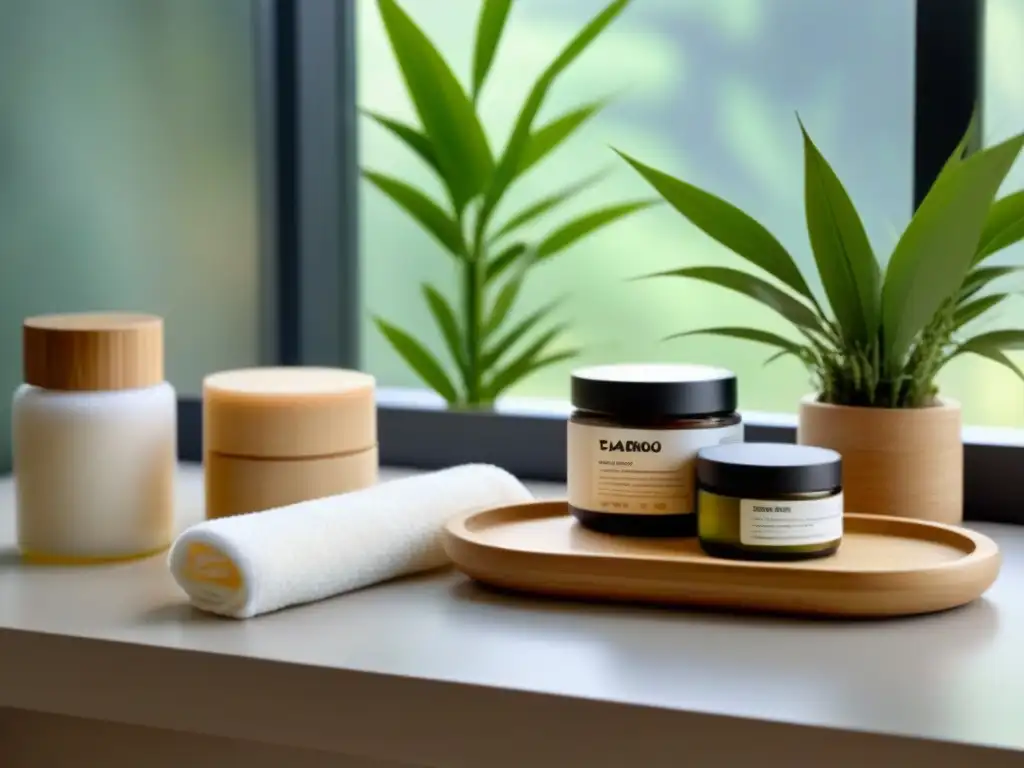 Un rincón de belleza sostenible para cuidar el planeta: productos orgánicos en estantes de bambú con luz natural y plantas exuberantes al fondo