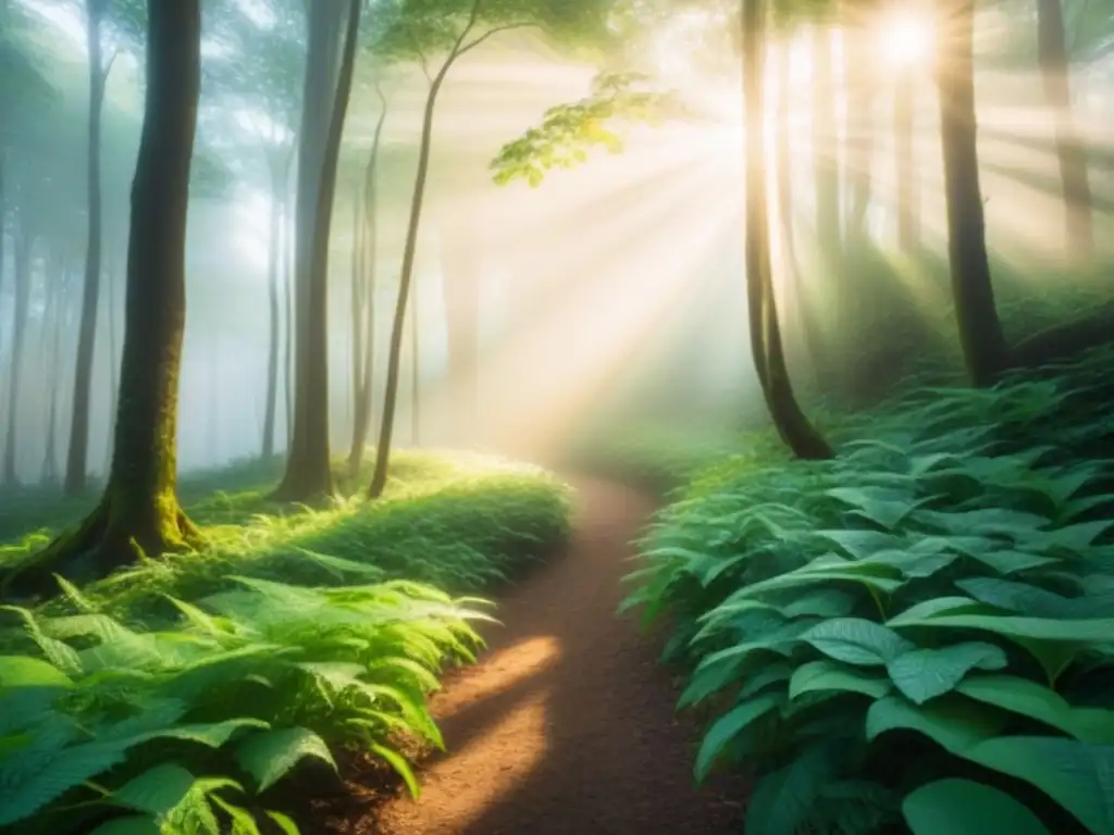 La belleza y tranquilidad de la naturaleza se reflejan en este bosque verde con luz solar filtrándose entre las hojas