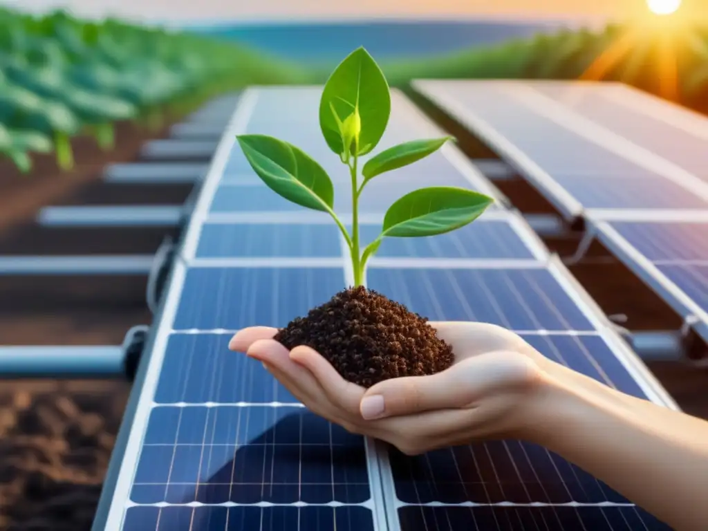 Un bello equilibrio entre planta verde y panel solar, simbolizando la armonía entre nutrición basada en plantas y energía renovable