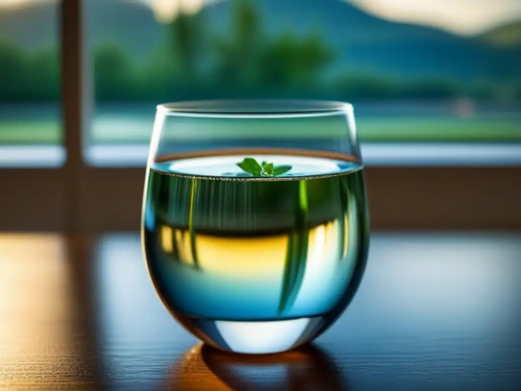 Beneficios del agua en bienestar: Imagen serena de un vaso de cristal con agua fresca, iluminado por la luz natural