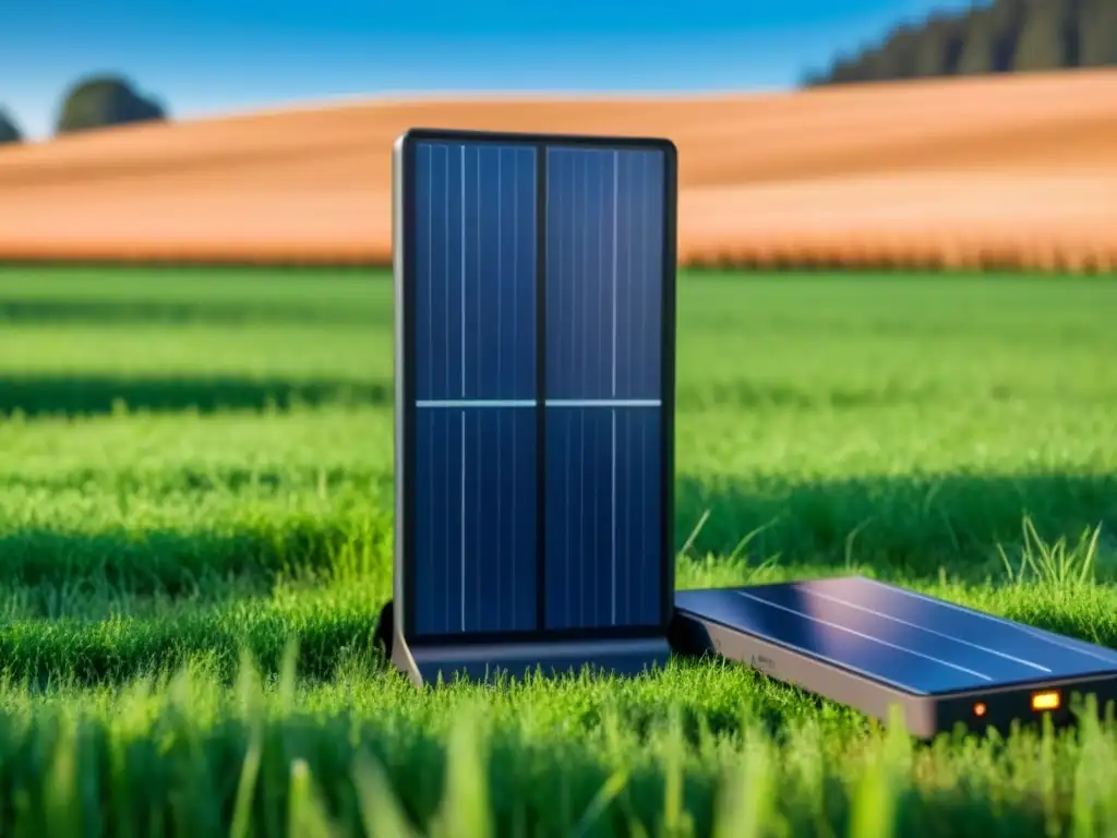 Beneficios de los cargadores solares: Dispositivos conectados a un moderno cargador solar en un campo verde bajo un cielo azul claro