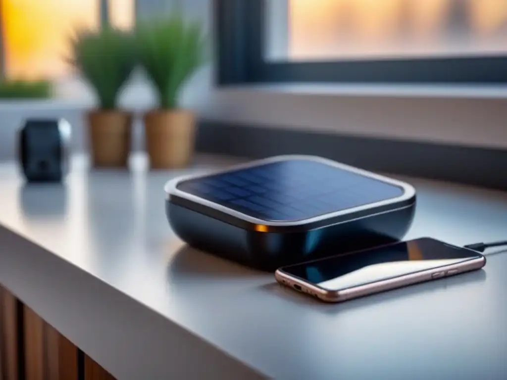 Beneficios de los cargadores solares: Panel solar negro moderno cargando dispositivos bajo la luz brillante