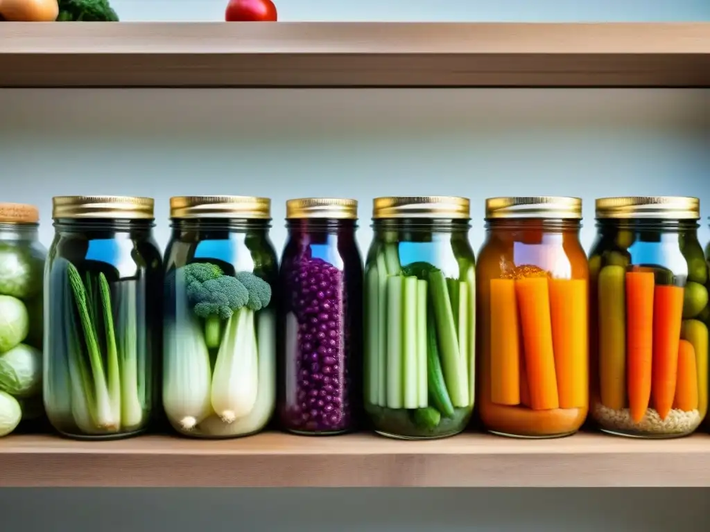 Beneficios de la fermentación en casa: Frascos de vidrio con verduras fermentadas coloridas en estantería de madera