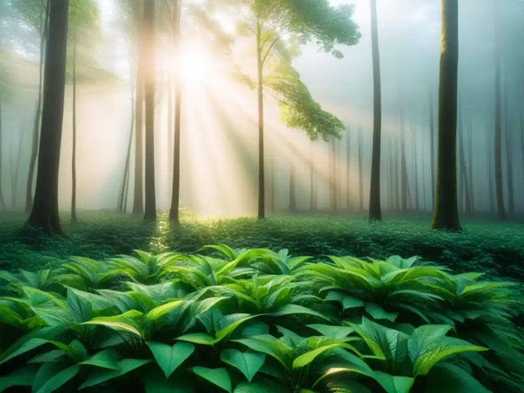 Beneficios salud mental espacios verdes: Bosque verde sereno, luz solar entre hojas, atmósfera tranquila y pacífica