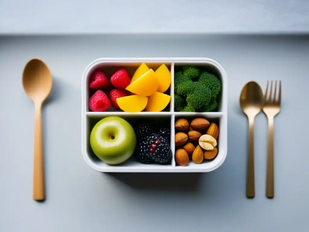 Un bento box con meriendas zero waste nutritivas fáciles: frutas frescas, vegetales, nueces y semillas, organizados con elegancia