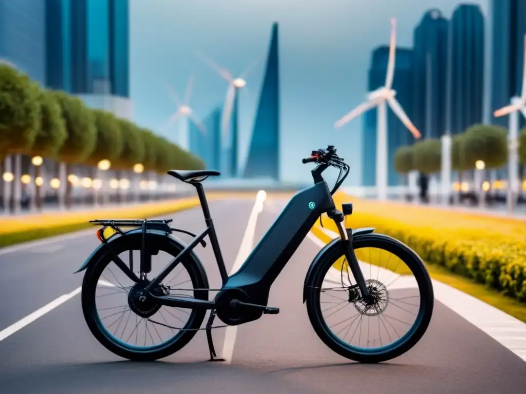 Una bicicleta eléctrica de alta tecnología con gadgets innovadores, rodeada de energías sostenibles en un entorno futurista