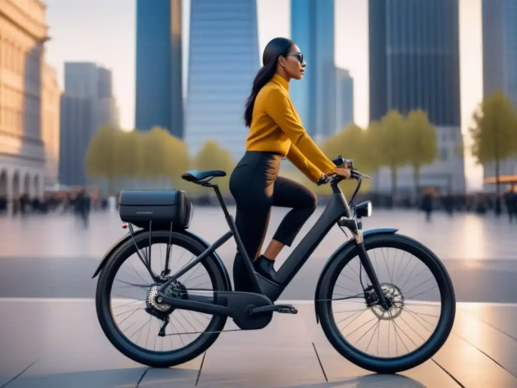 Una bicicleta eléctrica de estilo de vida sostenible en una plaza urbana moderna, rodeada de rascacielos de cristal al atardecer, reflejando el sol