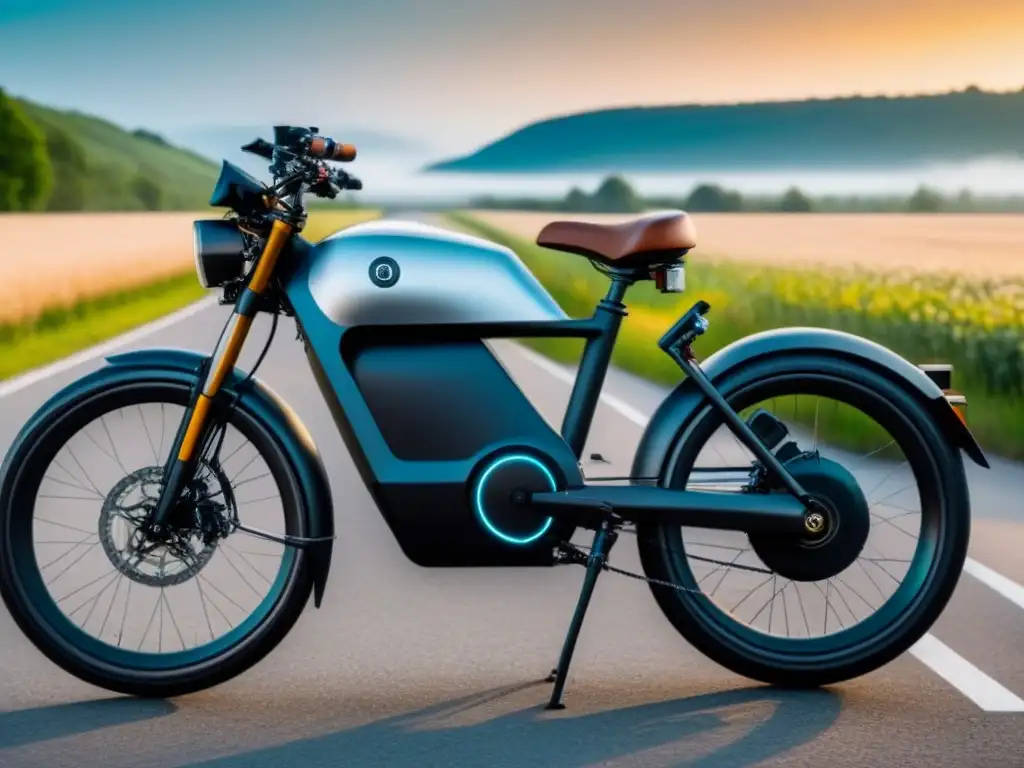 Una bicicleta eléctrica futurista brillante junto a un coche de gasolina, contrastando su impacto ambiental