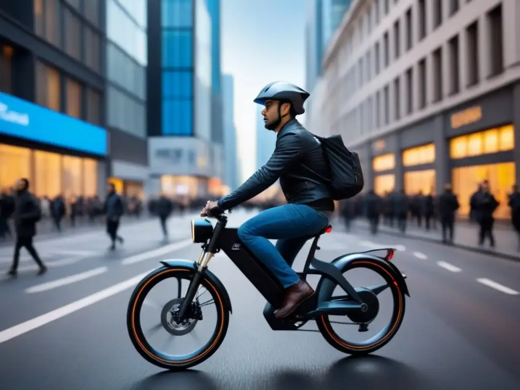 Bicicleta eléctrica futurista en ciudad bulliciosa, beneficios frente a contaminación sonora