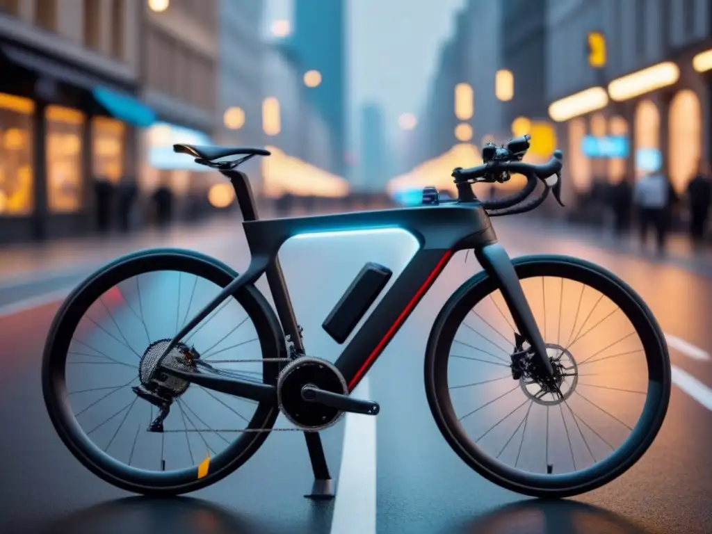 Bicicleta eléctrica futurista con gadgets tecnológicos en la ciudad