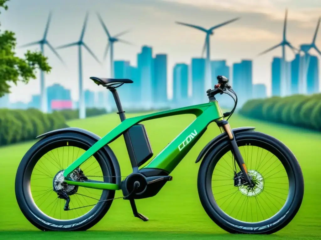 Una bicicleta eléctrica futurista en un parque verde, beneficios bicicleta eléctrica sostenible