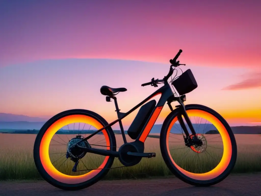 Una bicicleta eléctrica futurista en silueta, destacando sobre un vibrante atardecer