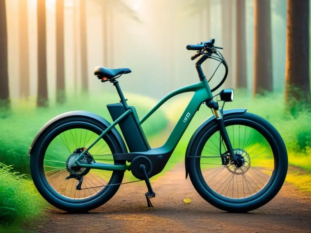 Una bicicleta eléctrica moderna en un bosque verde, simbolizando la sostenibilidad