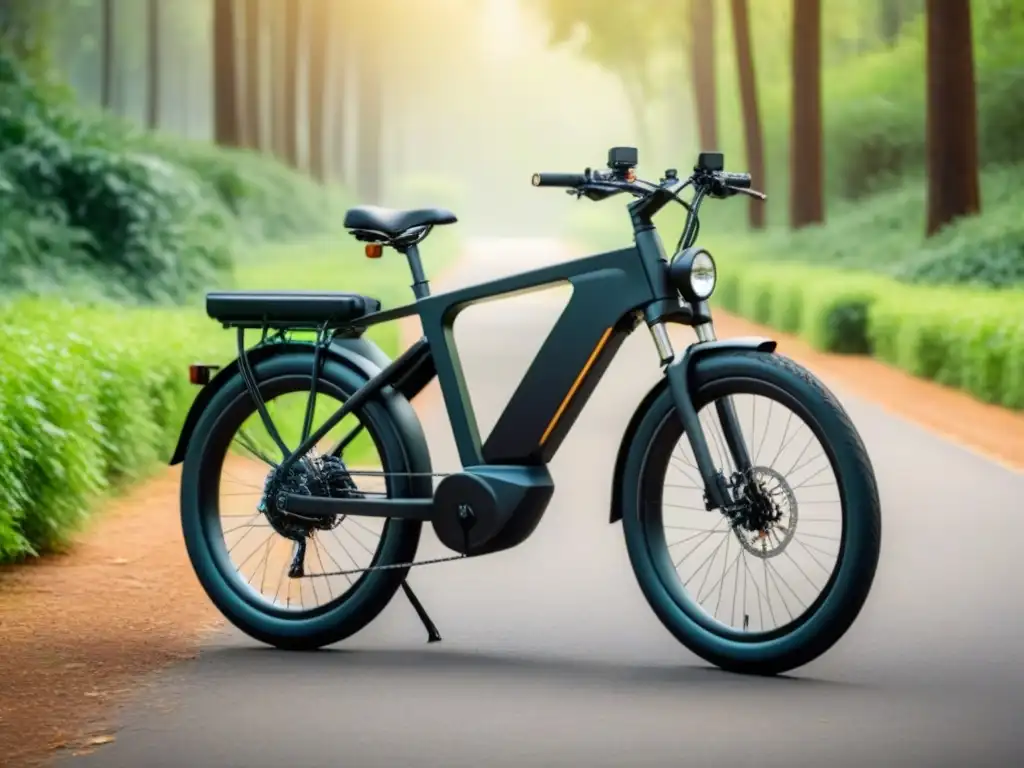 Una bicicleta eléctrica moderna en un bosque verde, escena serena y ecofriendly