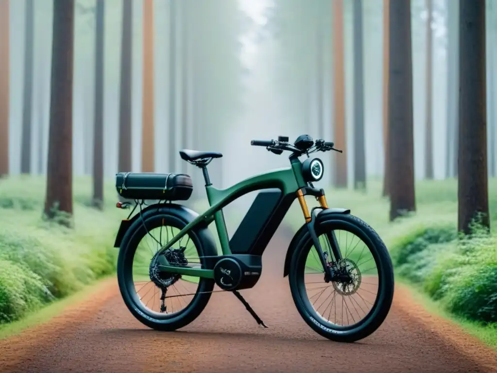 Bicicleta eléctrica moderna en bosque verde