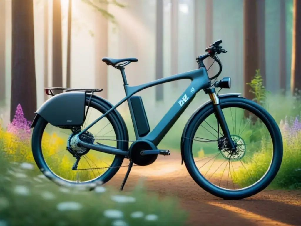 Una bicicleta eléctrica moderna en un bosque verde, rodeada de flores silvestres