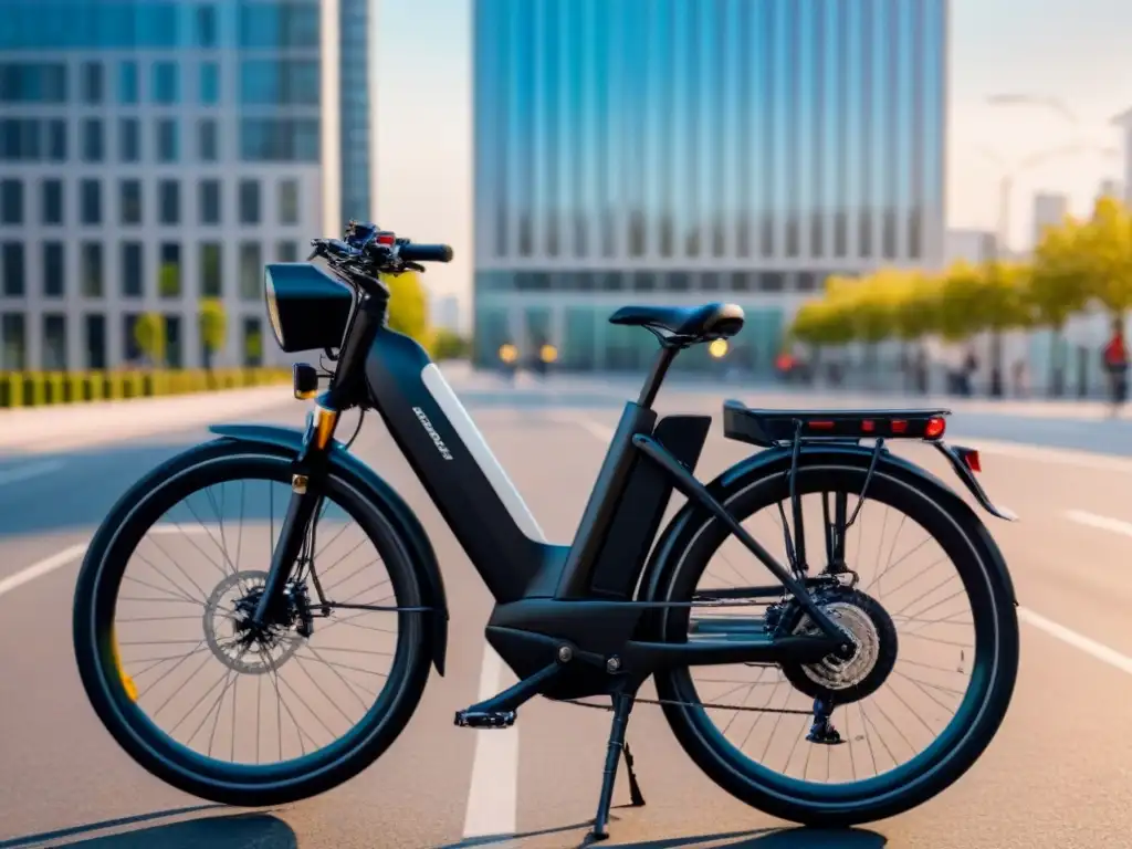 Una bicicleta eléctrica moderna en una calle urbana llena de gente, destacando los beneficios de reducir la contaminación sonora