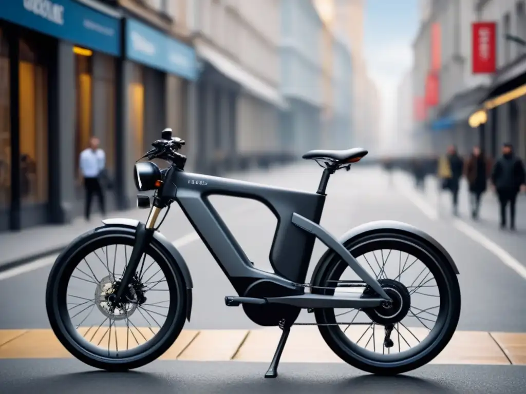 Una bicicleta eléctrica moderna en la ciudad, resalta su diseño futurista y beneficios ecofriendly, reduciendo la contaminación sonora