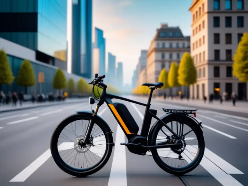 Una bicicleta eléctrica moderna en una ciudad bulliciosa, reflejo del estilo de vida sostenible urbano