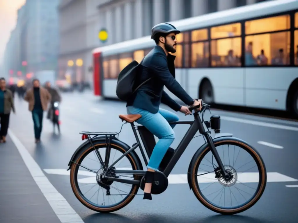 Una bicicleta eléctrica moderna en una ciudad bulliciosa, contrastando con la contaminación sonora