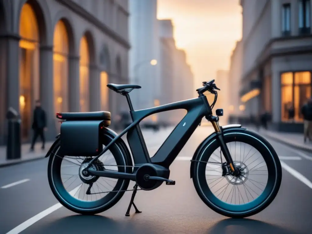 Bicicleta eléctrica moderna en ciudad vibrante, reflejo de vida sostenible