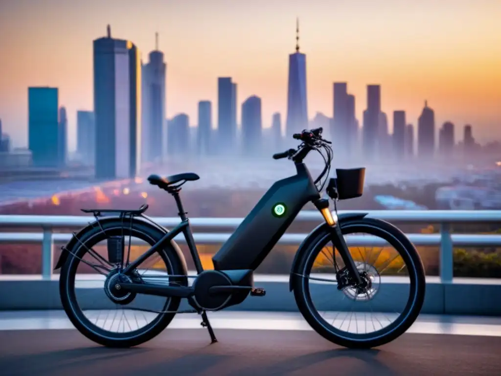 Una bicicleta eléctrica moderna en una ciudad urbana al atardecer, representando innovaciones bicicletas eléctricas sostenibles