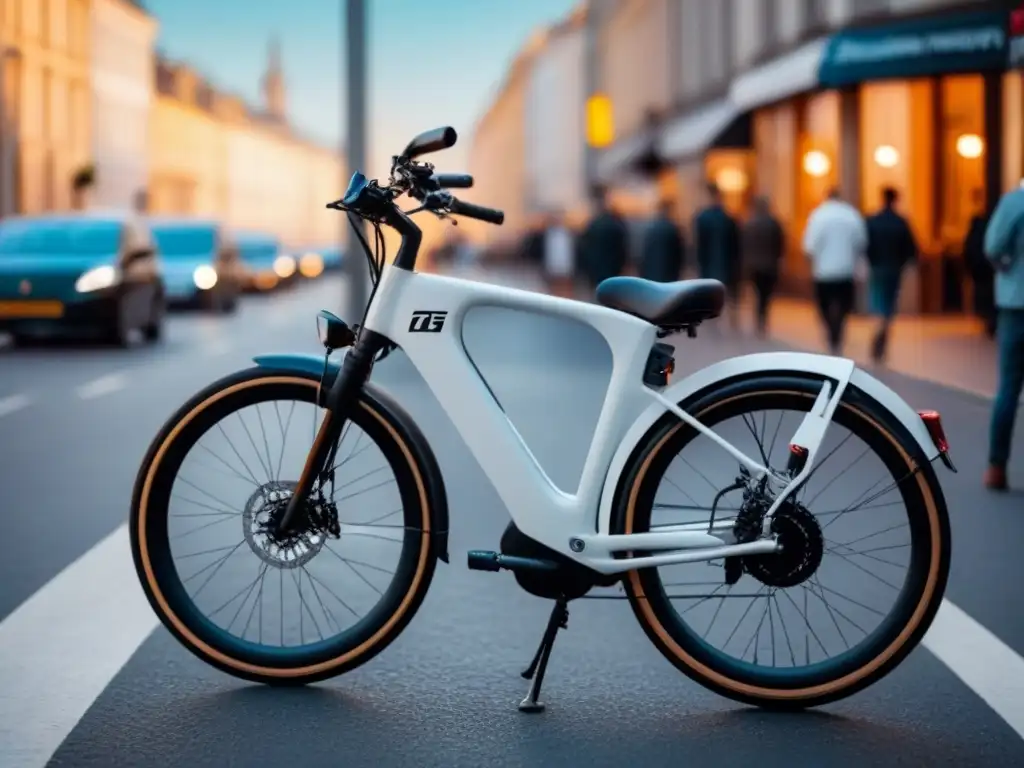 Bicicleta eléctrica moderna en ciudad animada, simbolizando movilidad sostenible urbana