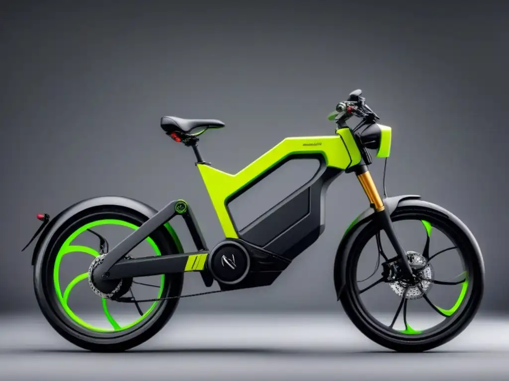 Una bicicleta eléctrica moderna y elegante, con detalles en verde neón sobre un fondo blanco